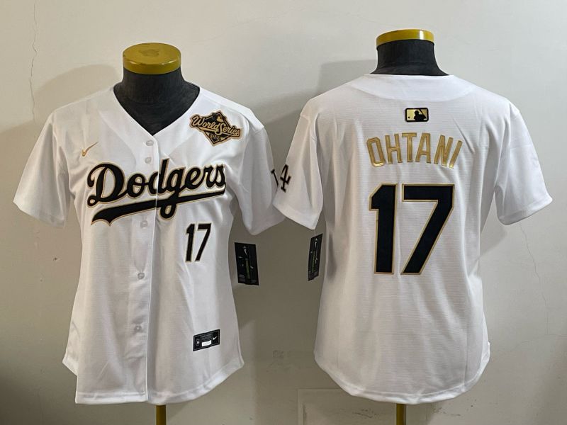Women Nike 2026 Los Angeles Dodgers #17 Ohtani White Gold Game MLB Jersey 067
